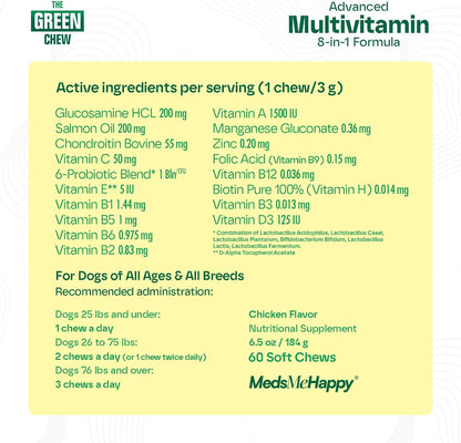 8-in-1 Advanced Multivitamin for Dogs - Omega-3, Joint & Bone Support, Skin & Coat Health - Dog Vitamins & Probiotics for Digestion - Dog Supplies Chicken Flavored 60 Soft Chews