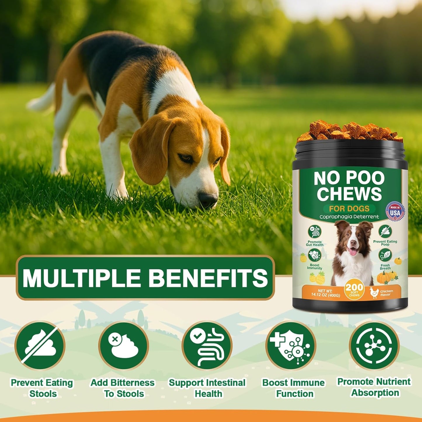 200 Chew No Poo Chews For Dogs-Coprophagia Stool Eating Deterrent-Stop Eating Poop For Canine- Dogs Poop Eat Deterrent Supplement With Probiotics&Digestive Enzymes Breath Aid Support-Chicken Flavor