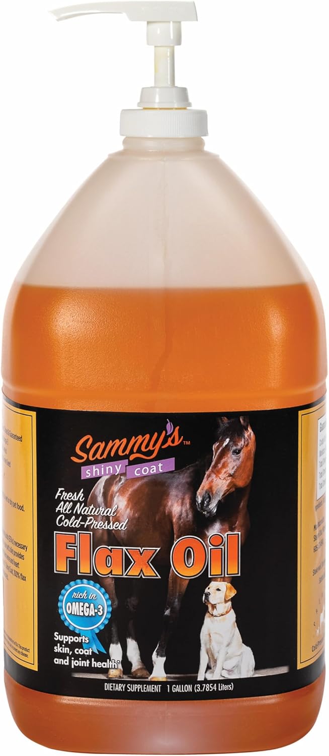 Sammy's Shiny Coat Flax Oil for Horses, Pure Flaxseed Oil for Horse, Rich in Omega-3 Fatty Acids, Flax Oil Horse Supplement for Skin and Coat, Immune, Cardio and Joint Support, 1 Gallon with Free Pump