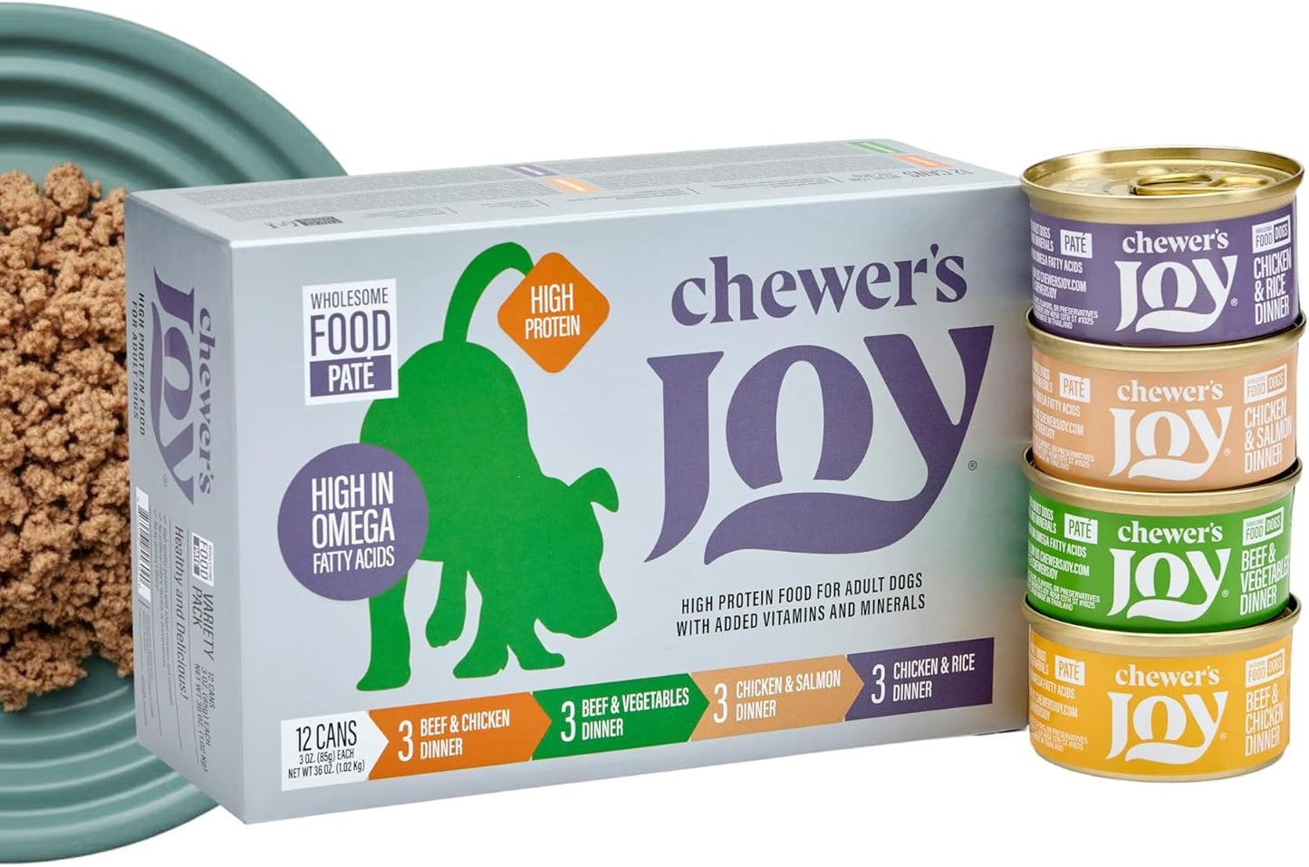 Chewer's Joy High Protein Wet Dog Food – Grain Free, No by-Products, No Gums – Natural Pâté – Real Chicken, Beef & Salmon – 12 Pack, 3oz Cans Variety Pack
