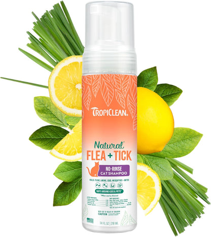 TropiClean Flea and Tick Waterless Shampoo Treatment for Cats, Powerful & Natural Defense, Flea and Tick Prevention for Cats, Made in USA, 7.4oz
