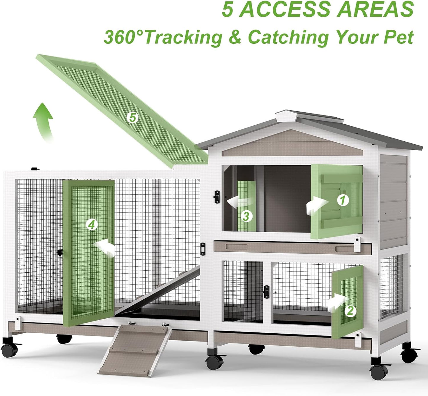 2 Story Rabbit Hutch Outdoor Indoor, Wooden Bunny Cage with 6 Lockable Wheels, 3 Removable No Leakage Pull Out Trays, Chew-Proof Ramp & Waterproof Roof, Ideal for Rabbit & Guinea Pig