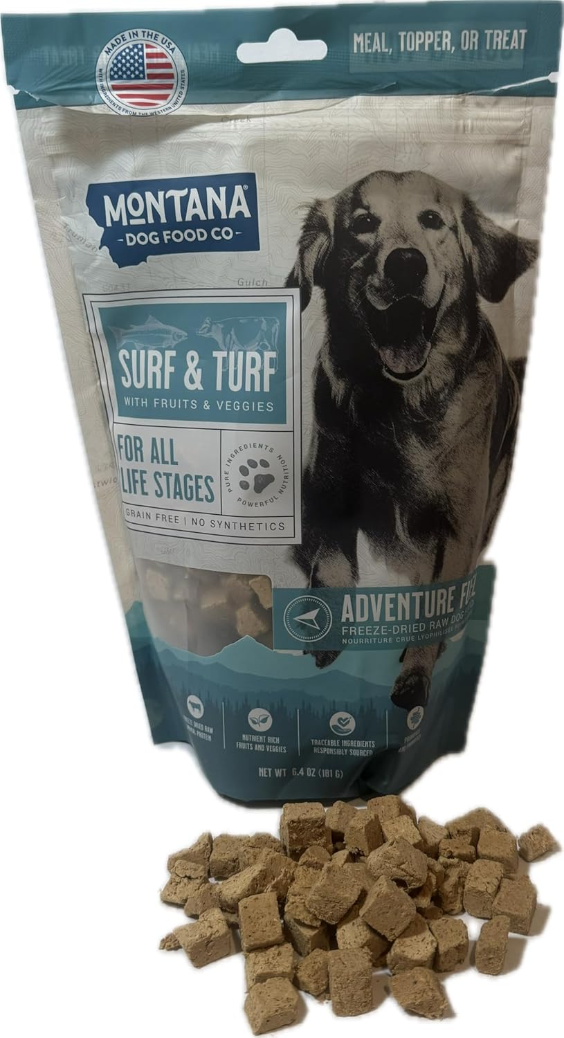 MONTANA DOG FOOD CO. Freeze-Dried Raw Surf & Turf Recipe Dog Food – Grain-Free, High-Protein Meal or Topper, Made in USA with USA Ingredients -16 oz Bag
