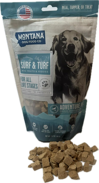 MONTANA DOG FOOD CO. Freeze-Dried Raw Surf & Turf Recipe Dog Food – Grain-Free, High-Protein Meal or Topper, Made in USA with USA Ingredients -6.4 oz Bag