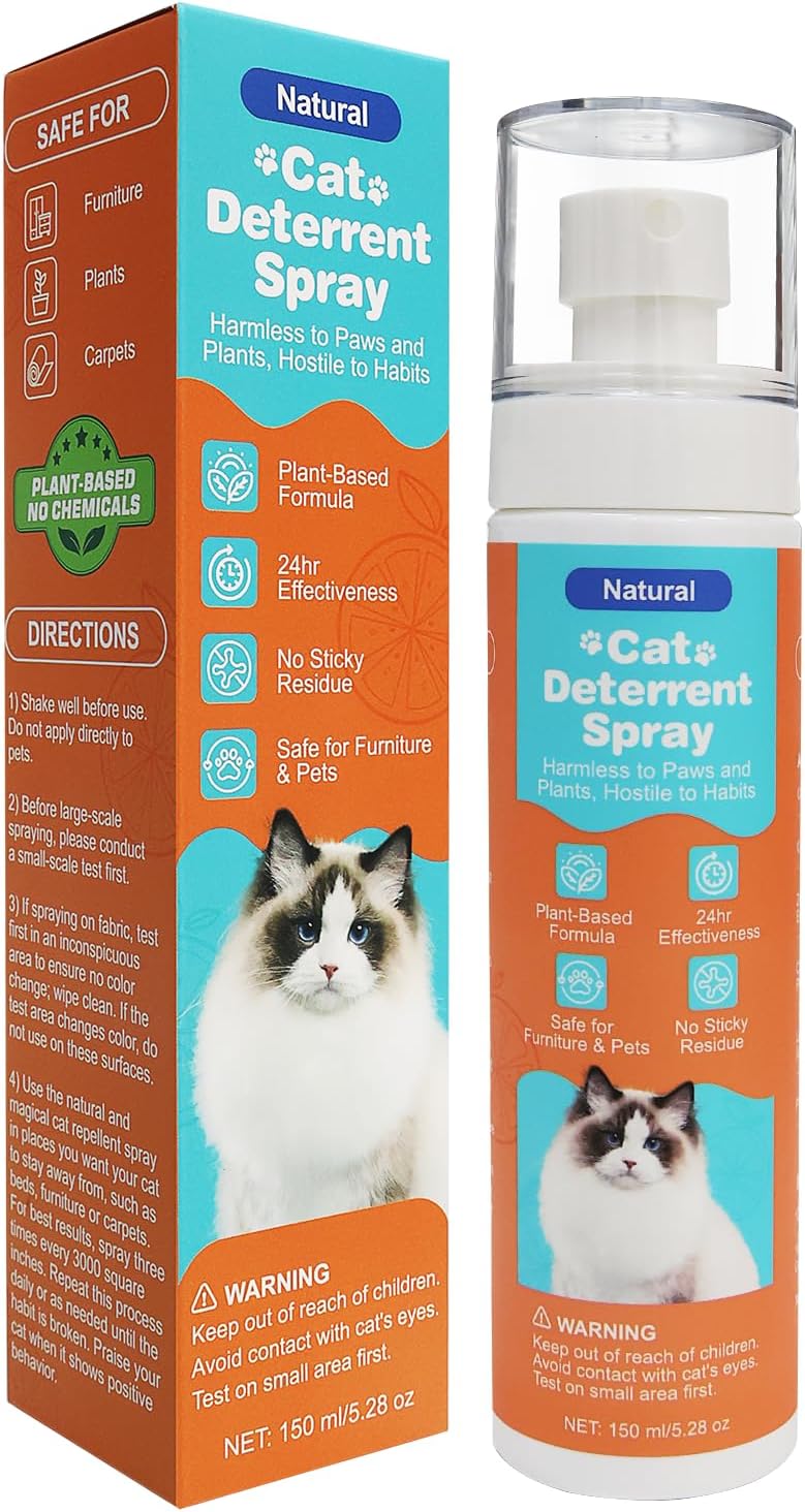 Cat Deterrent Spray, Natural Cat Repellent Spray with Citrus Scent, Indoor & Outdoor Traning Aid for Urine Marking & Anti-Scratch, Safe for Furniture, Plant & Rugs, (150ml/5.28oz)