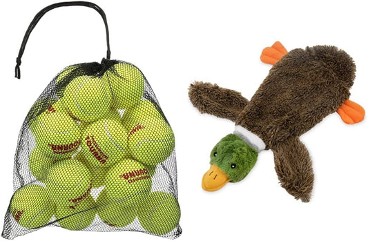 Tourna Mesh Carry Bag of 18 Tennis Balls & Best Pet Supplies 2-in-1 Stuffless Squeaky Dog Toys with Soft, Durable Fabric- 1Wild Duck, Small