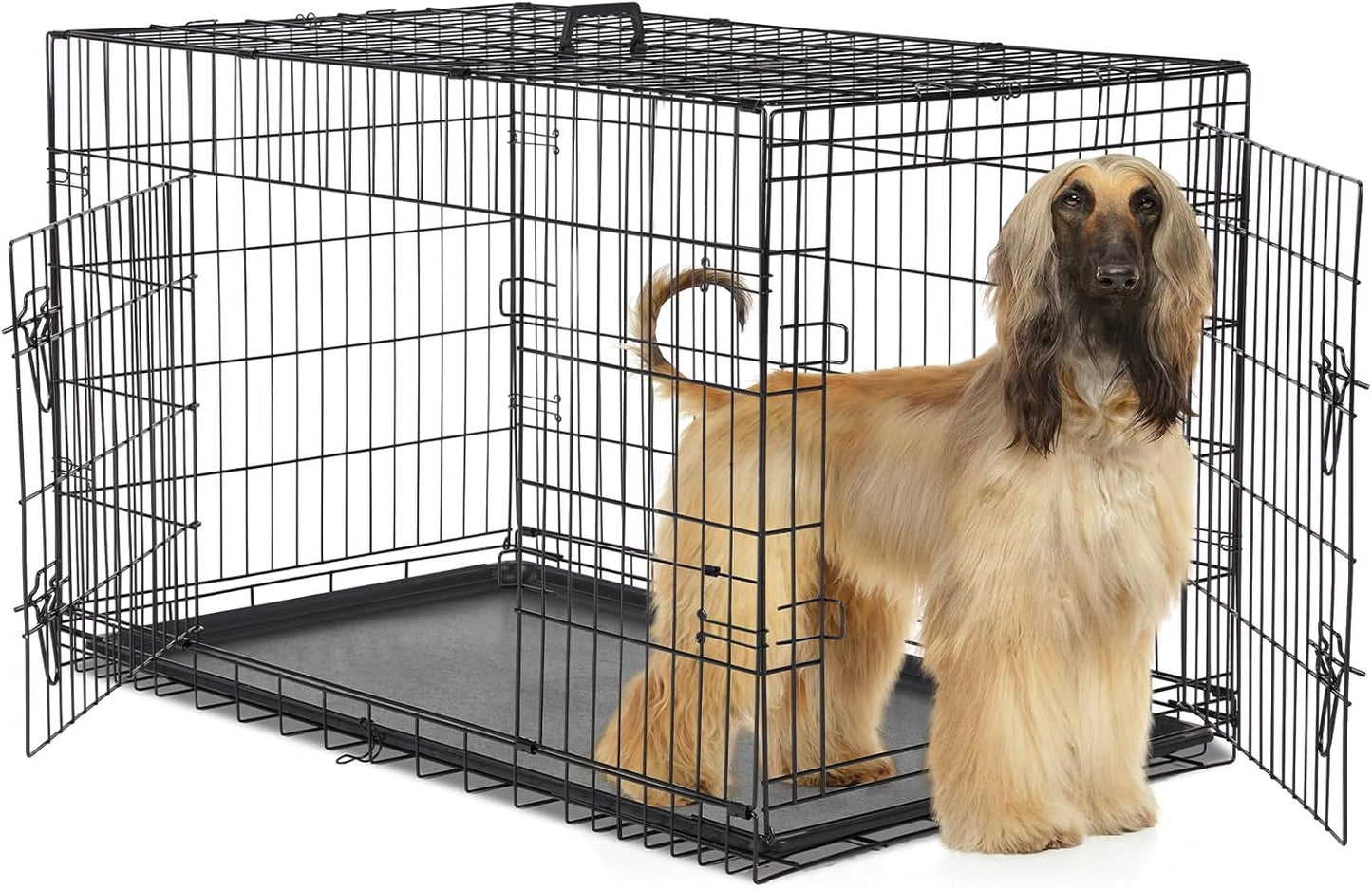 Sweetcrispy Dog Crate, 48 Inch Double Door Folding Metal Wire Dog Cage with Plastic Leak-Proof Pan Tray, Extra Large Pet Kennel for Indoor, Outdoor, Travel