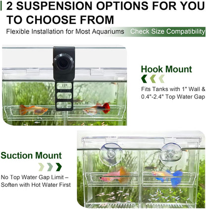 Triple-Chamber Aquarium Fish Breeder & Isolation Box, Transparent Hatching Incubator Tank with Suction Cups & Hook, Nursery for Livebearer Guppy Fry Breeding and Betta Fish, Shrimp Quarantine