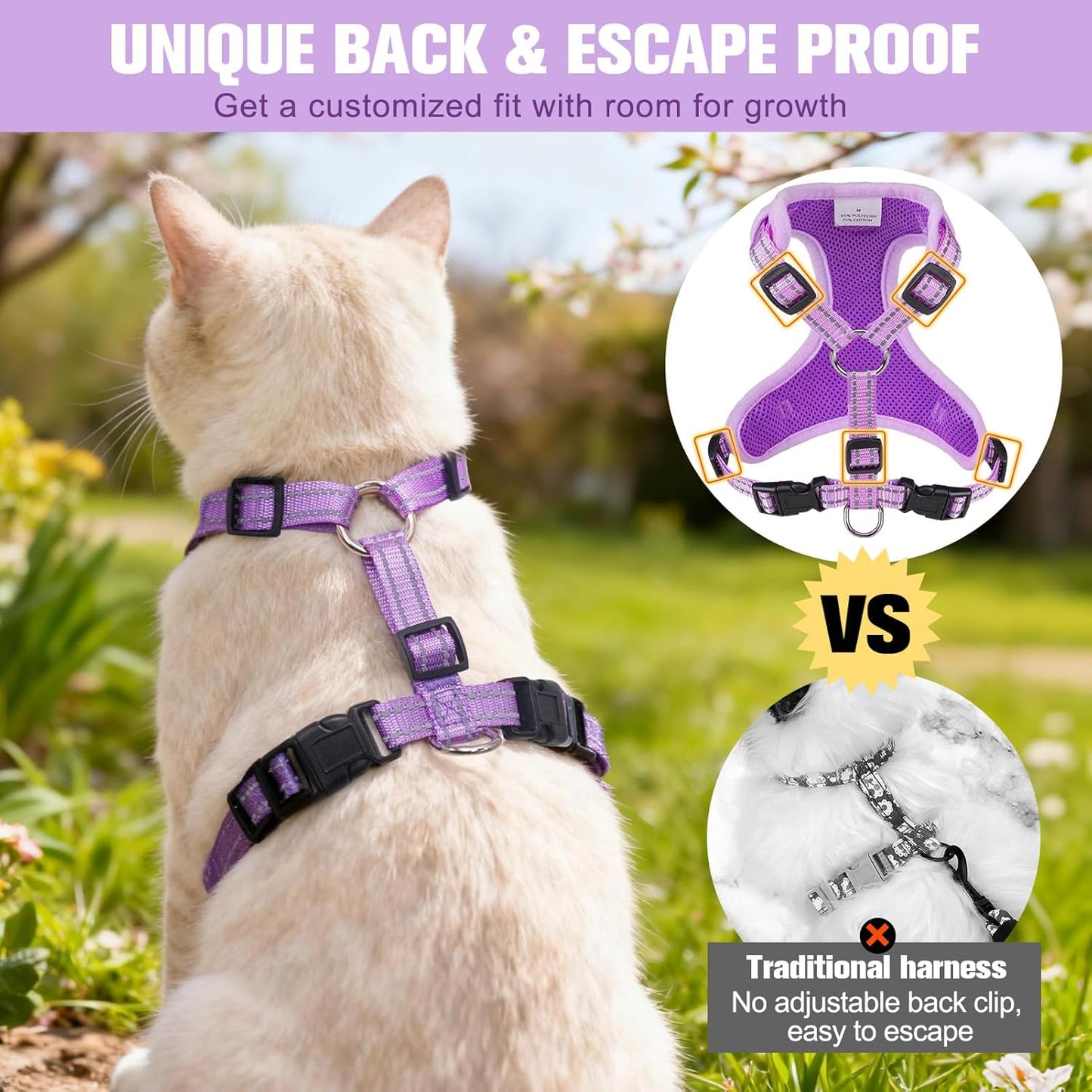 BEAUTYZOO Cat Harness, Escape Proof Cat Leash and Harness Set for Walking, Soft Breathable Vest Harness with Neck Adjustable, Reflective Easy-Control Kitten Harness for Cats (Star Design),Purple S