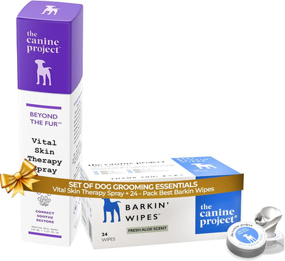 Dog Skin Therapy Spray & Grooming Wipes Bundle - Anti-Itch Healing Spray with Aloe Paw & Ear Wipes (24-Pack) Gentle First Aid & On-The-Go Cleaning