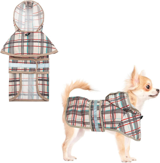 KOOLTAIL Dog Raincoat Hooded Slicker Poncho with Leash Hole, Raincoat for Small Medium Dogs, Waterproof Doggie Rain Jacket with Reflective Strip, Adjustable Breathable Plaid Puppy Rainwear,Beige S