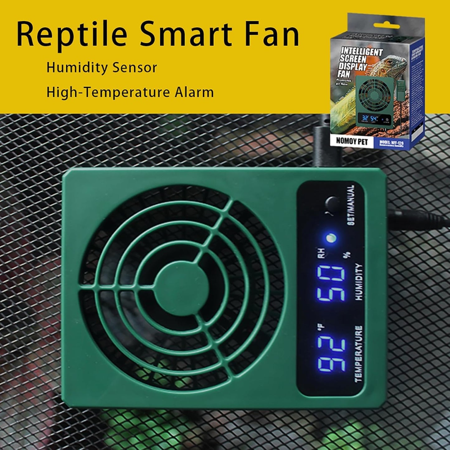 Reptile Ventilation Fan with Humidity Sensor and High-Temp Alarm, Digital Display Fan Dehumidifier for Reptile Terrariums, Suitable for Humid Environments, Rainforests and Vivariums - Green