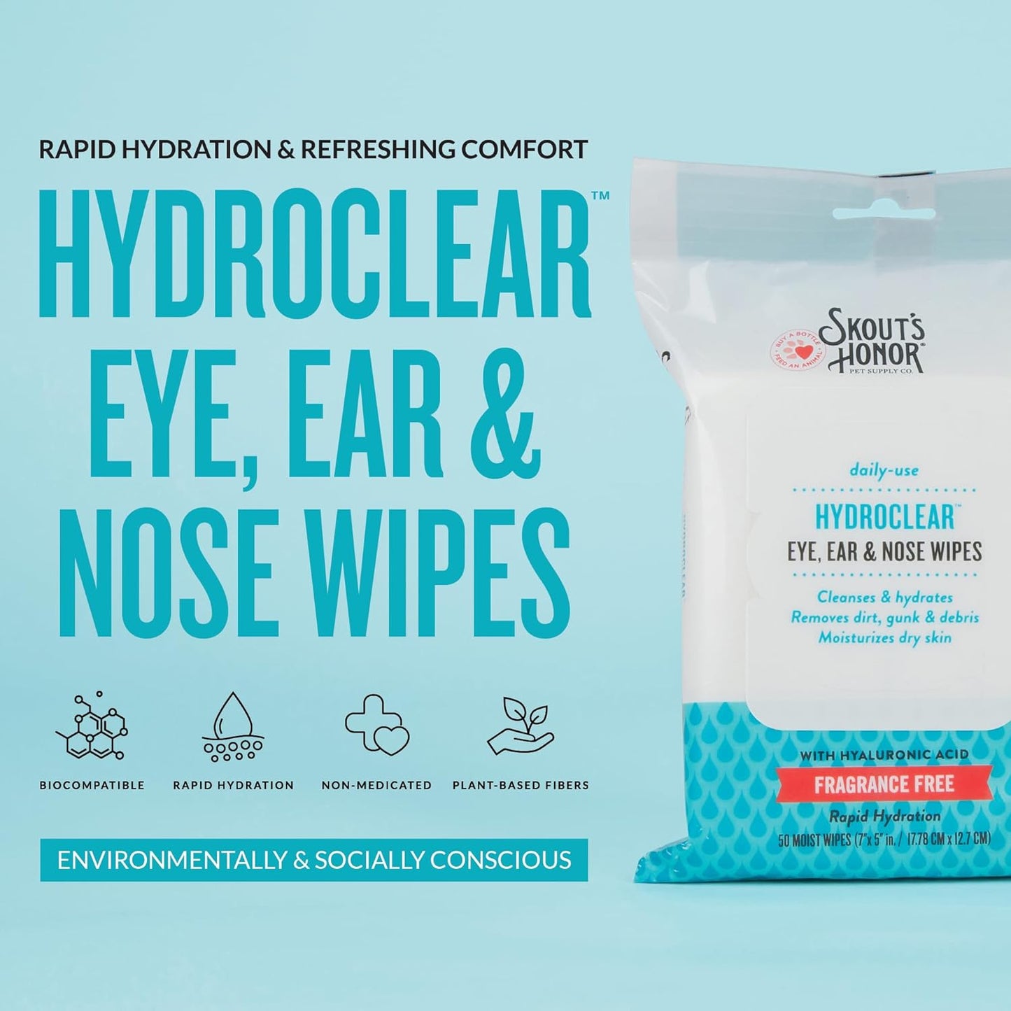 SKOUT'S HONOR HydroClear Eye, Ear & Nose Wipes w/Hyaluronic Acid - for Your Dogs and Cats - Fragrance-Free - 50ct