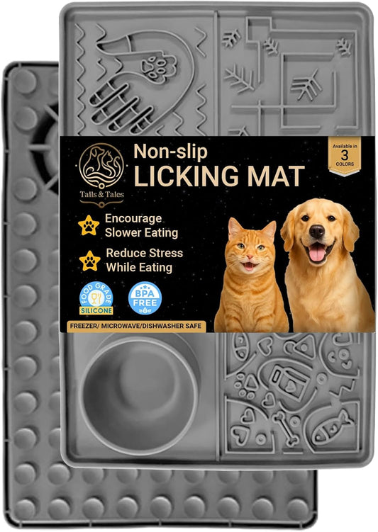 Tails & Tales Large Lick Mat for Dogs & Cats (11.2×16.7 in) with Strong Suction Cups, Slow Feeder Licking Pad for Anxiety Relief, Boredom & Bathing, Dog Enrichment Toy for Peanut Butter Yogurt (Gray)