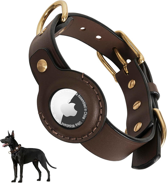 AirTag Dog Collar - 100% Genuine Leather Dog Collar with Apple AirTag Holder, Suitable for Small Dogs, Dark Brown, S, Adjustable Size 10.2-15.7 Inch