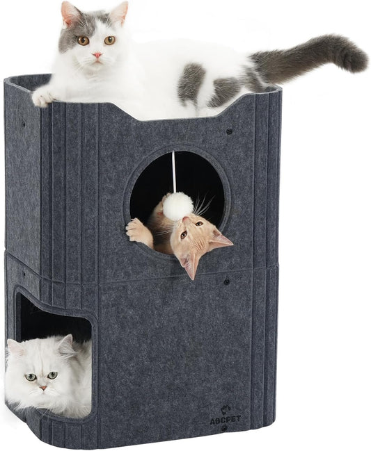 Cat House for Indoor Cats, 2-Storey Cat Bed Cave, Felt Cat Hideaway Condo with Resistant Scratching Freedom Kitten Cube for Multicats Dark Grey