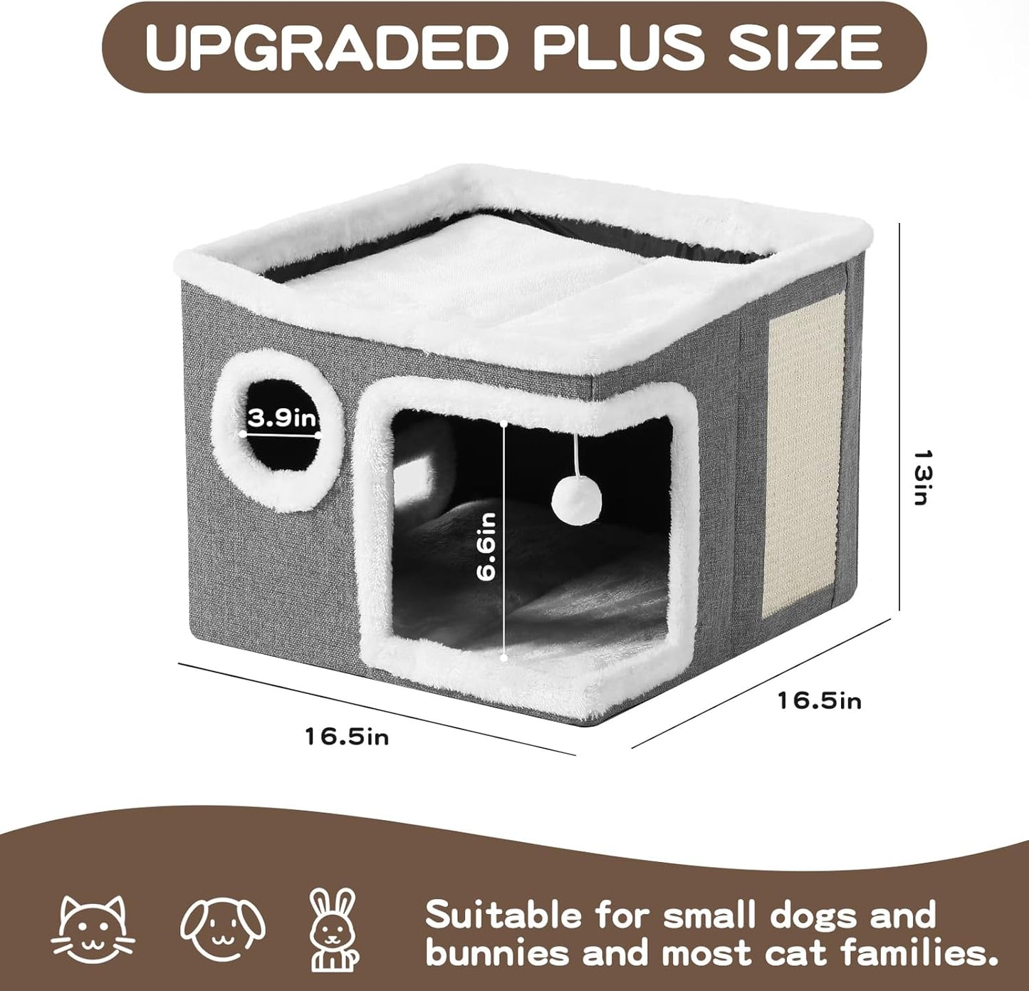 Cat Houses for Indoor Cats - Large Cat Bed Cave with Scratch Pad and Fluffy Ball, Foldable Cat Hideaway, Kitten Bed with Cozy Condo, 16.5x16.5x13 inches, Grey (Grey, Large)
