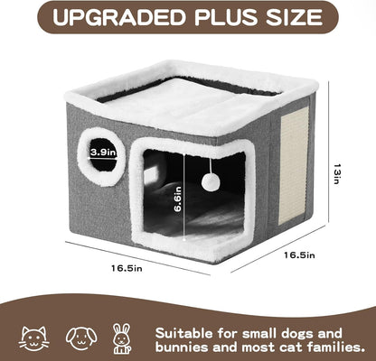Cat Houses for Indoor Cats - Large Cat Bed Cave with Scratch Pad and Fluffy Ball, Foldable Cat Hideaway, Kitten Bed with Cozy Condo, 16.5x16.5x13 inches, Grey (Grey, Large)