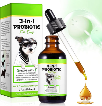 3-in-1 Probiotics for Dogs with Digestive Enzymes & Prebiotics – Supports Gut Health, Immune System & Diarrhea Relief – 60ml for Puppies & Adults