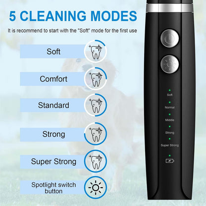 Plaque and Tartar Remover, Dog Ultrasonic Teeth Cleaner Toothbrush for Tartar and Stains with LED Light, 5 Modes Low Noise Sonic Tooth Cleaning Kit Tool for Dogs (Black)