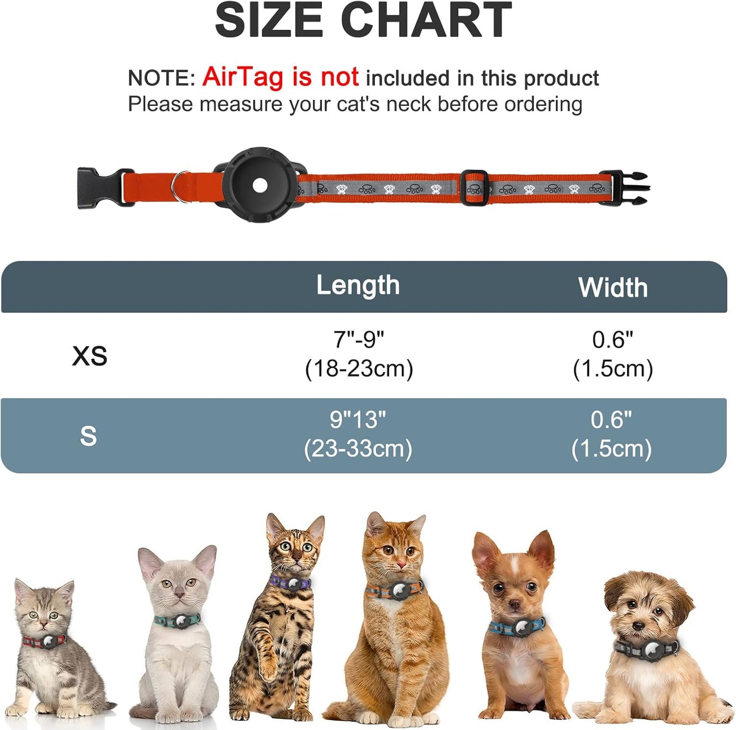 Reflective AirTag Cat Collar, Integrated Cat Tracker Collar with Air Tag Holder and Bell, Safety Elastic Band Cat GPS Collars for Girl Boy Cats, Kittens and Puppies (Orange, S)