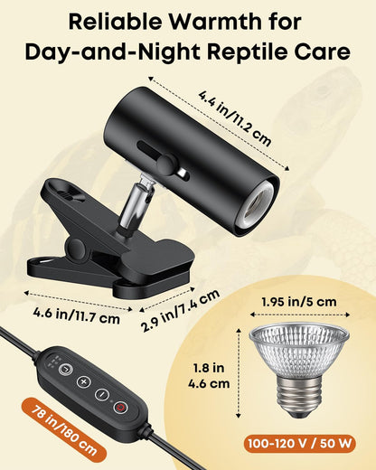 Pawfly Reptile Heat Lamp, Terrarium Basking Spot Lamp with 50 W UVA UVB Bulb, Timer & Dimmer, Adjustable Heating Light for Amphibian, Bearded Dragon, Tortoise, Lizard & Chameleon