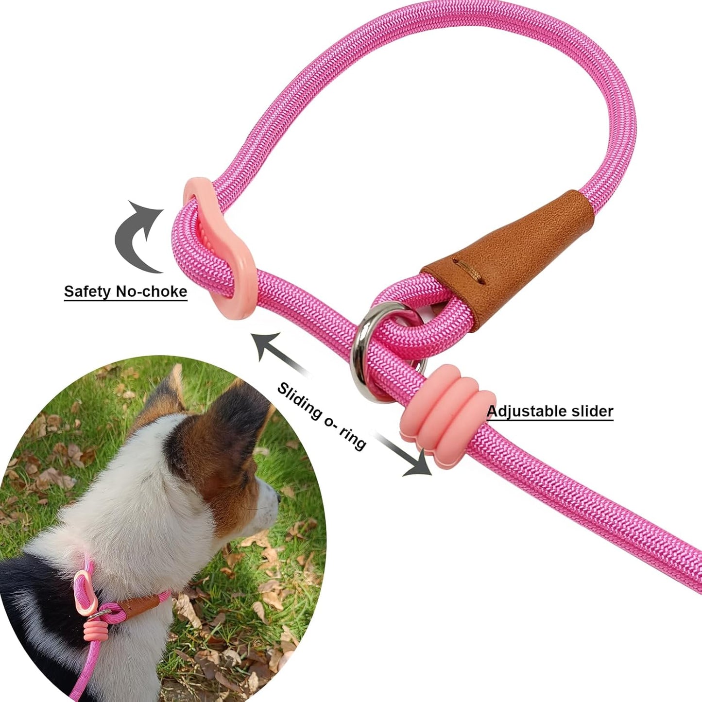 7ft Slip Lead Dog Leash + 6ft Small Slip Lead Dog Training Leash for Small Dogs, Black+Pink