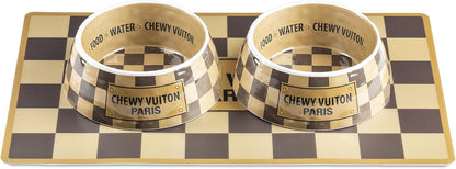 Haute Diggity Dog Checker Chewy Vuiton Dog Bowl & Placemat, BPA-Free Food & Water Bowls, Non-Skid, Dishwasher Safe, Includes Food Mat, Medium Size, Case of 2.