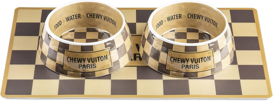 Haute Diggity Dog Checker Chewy Vuiton Dog Bowl & Placemat, BPA-Free Food & Water Bowls, Non-Skid, Dishwasher Safe, Includes Food Mat, Medium Size, Case of 2.