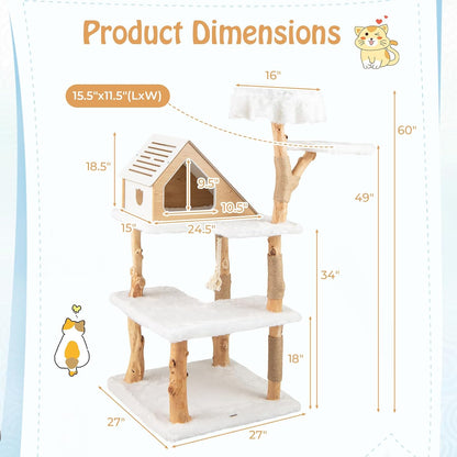PETSITE 60 inch Solid Wood Cat Tree Tower, Multi-Level Wooden Cat Tower with Jute Scratching Posts, Cat Condo, Sisal Rope, Soft Long Plush, Modern Tall Cat Tree for Indoor Cats Large Adult
