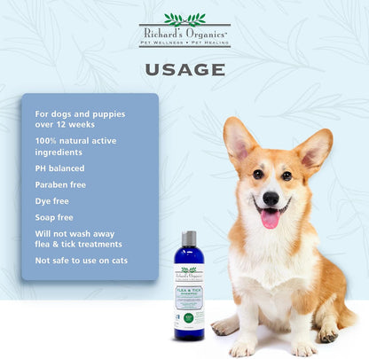 Richard’s Organics Flea and Tick Shampoo for Dogs – 100% All-Natural Actives Kills Fleas, Ticks and Repels Mosquitos – Gentle, Won’t Dry Skin, Great Smelling Essential Oils (12oz bottle),FG00440
