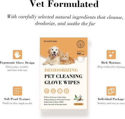 Pet Cleaning Glove Wipes - Coconut Oil & Chamomile Infused, Tame Fur & Banish Odors for Dogs/Cats/Small Furry Pets, Mild Rinse-Free Natural Wipes (8PCS)
