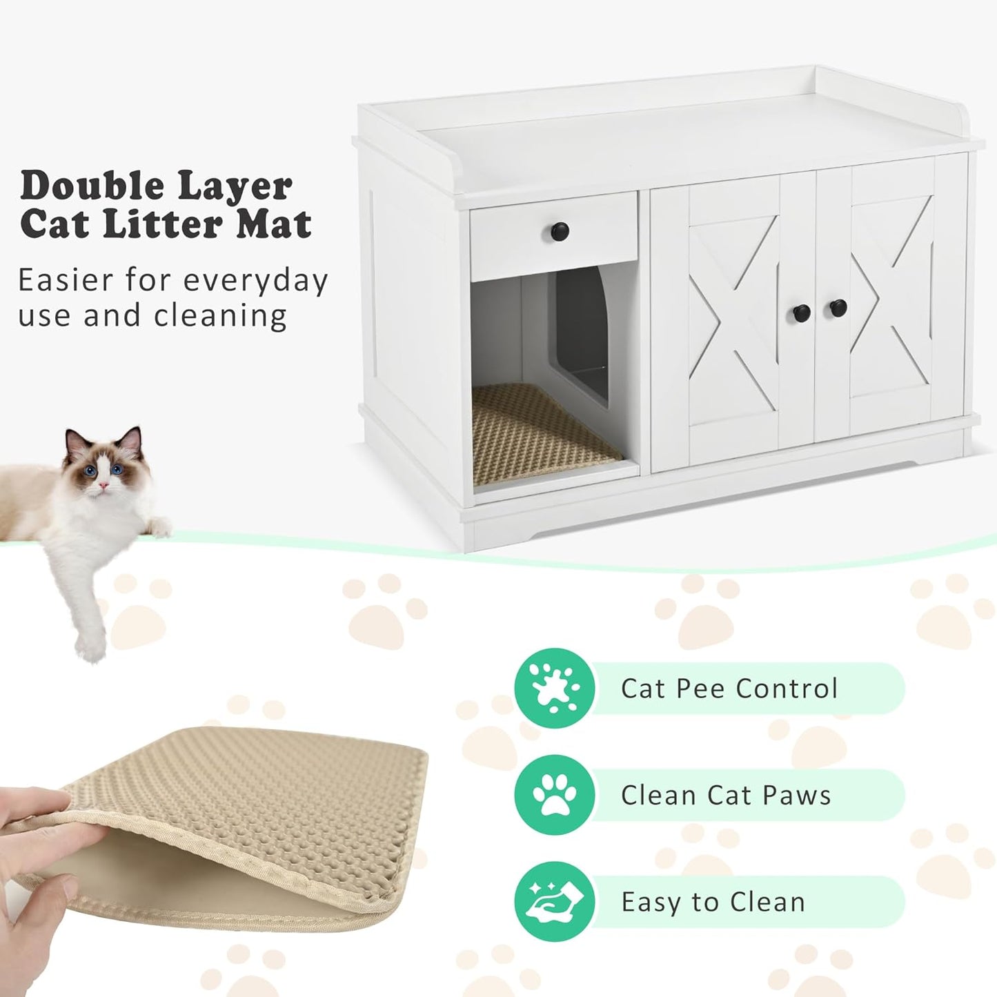 Merax Farmhouse Hidden Cat Litter Box Enclosure with Barn Door & Mat, Wooden Cat Washroom Furniture with Litter Box,Cat House with Storage Drawer Side Table Cabinet for Living Room, White