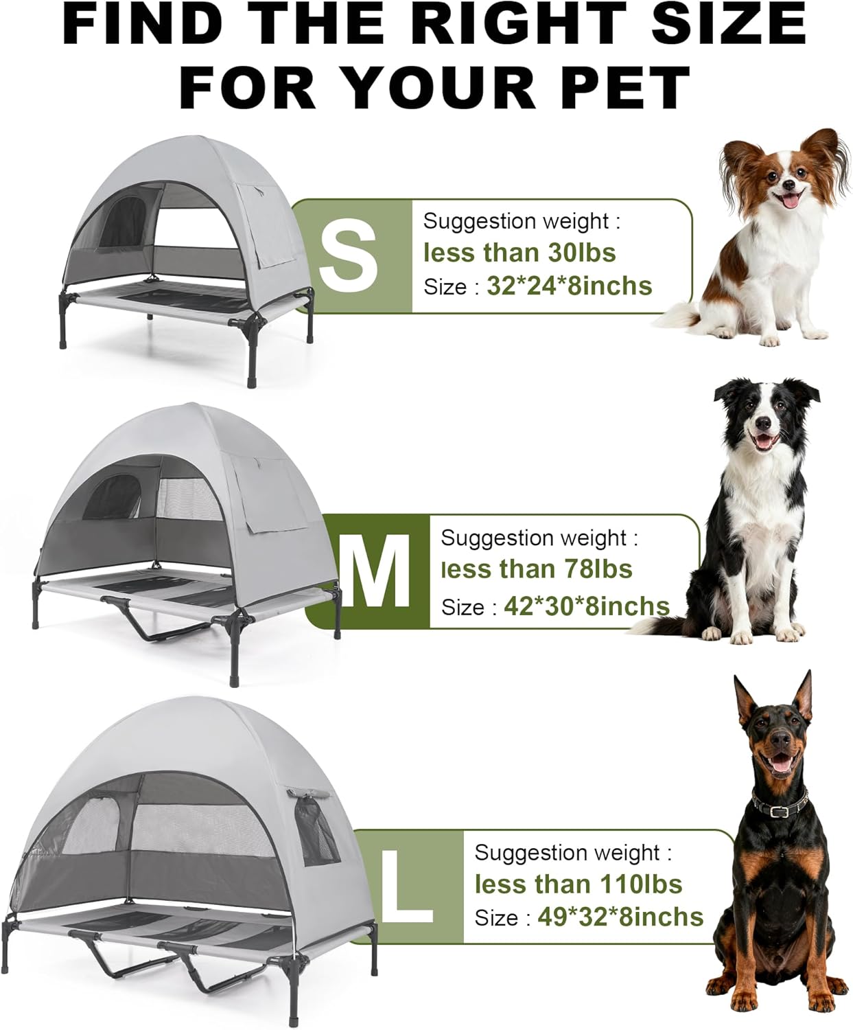 Medium Outdoor Dog Bed with UV Canopy, Elevated Pet Cot for Dogs up to 78 Lbs, Waterproof and Scratch-Resistant Raised Dog Tent with Breathable Mesh for Backyard, Patio, Camping or Indoor Use