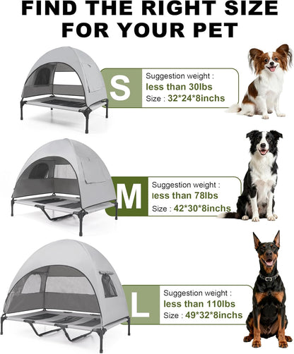 Medium Outdoor Dog Bed with UV Canopy, Elevated Pet Cot for Dogs up to 78 Lbs, Waterproof and Scratch-Resistant Raised Dog Tent with Breathable Mesh for Backyard, Patio, Camping or Indoor Use