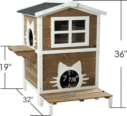 Large Outdoor Cat House, 2-Level Weatherproof Spruce Wood, 32W x 22.75D x 36H inches, Gray