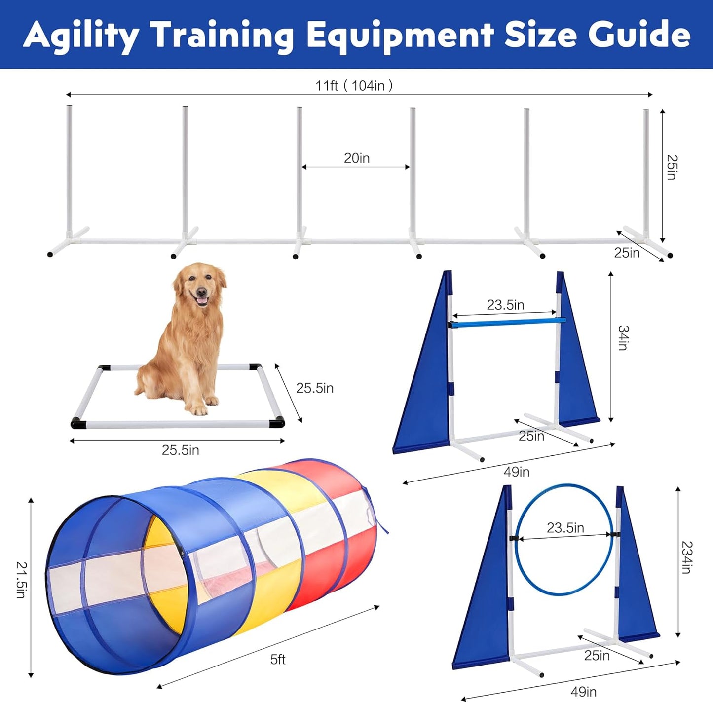Dog Agility Training Equipment,Course Backyard Set Training Equipment for Dogs Pet Outdoor Game with Yellow, Blue and Red Tunnel, Agility Hurdle, Poles, Jump Ring, Pause Box, Toy Balls and Storage Bag