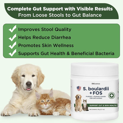 S.boulardii + FOS Pet Probiotic Powder for Dogs & Cats, 6.7 Billion CFU, Gut & Immune Support, Loose Stool & Digestive Upset Relief, Improves Stool Consistency, Skin Health, Veterinarian Recommended