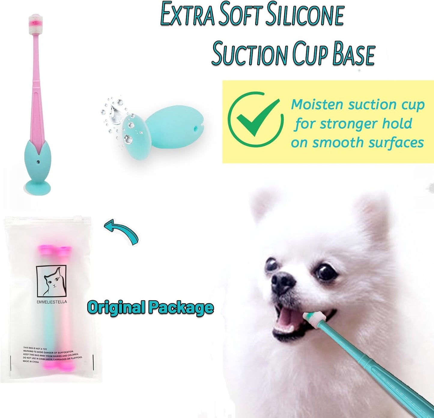 E.M&S.T by Emmeliestella Small Dog & Cat Toothbrush 360 Degree Soft Silicone, Cat Dental Care, Toothbrush Holder, Easy to Handle, Independent Packaging, Extra Suction Cup, Light Blue&Light Pink 3PCS