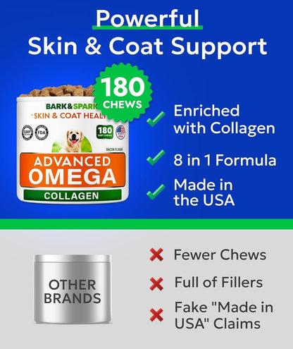 BARK&SPARK Advanced Omega-3 Collagen for Dogs - 180 Salmon & Fish Oil Treats for Dog Shedding, Skin Allergy Chews, Itch Relief, Hot Spots Treatment - Joints, Skin & Coat Supplement,EPA&DHA Fatty Acids