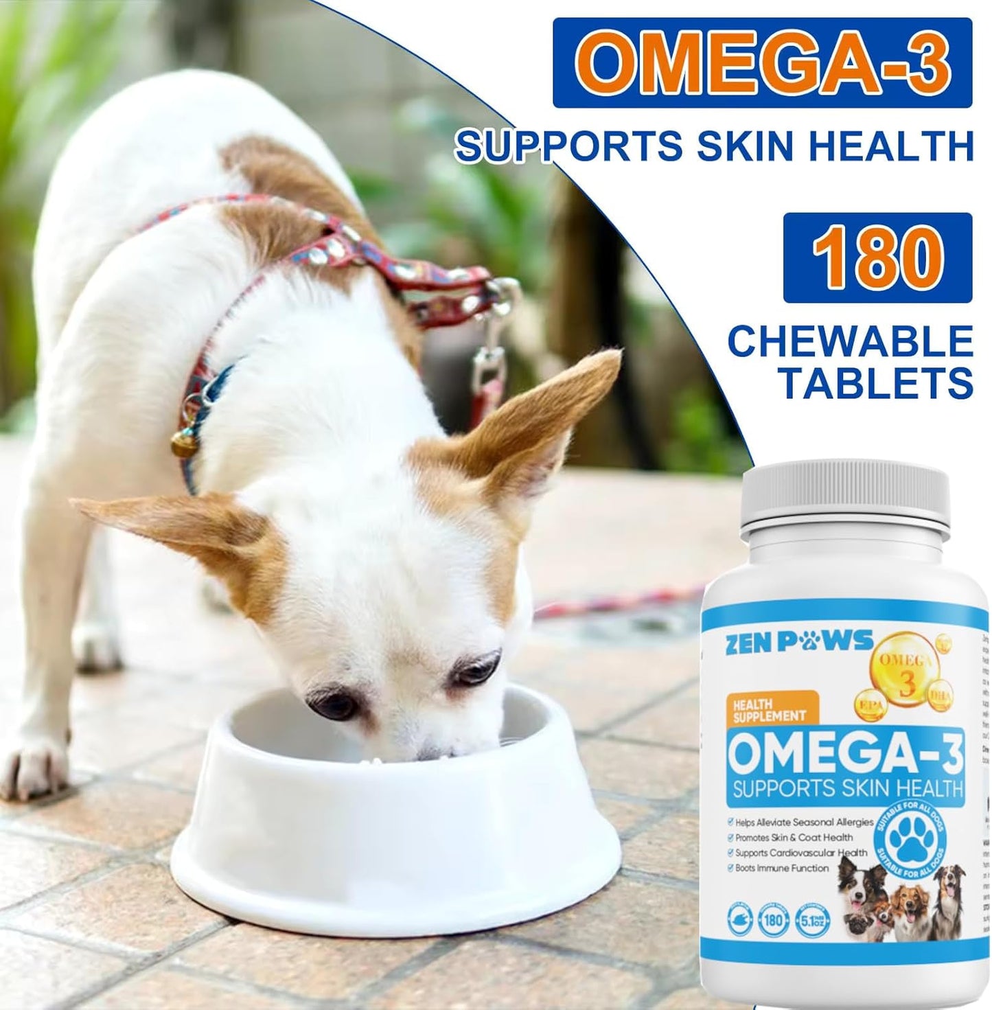 Omega 3 Fish Oil for Dogs - 180 Count Tablet Treats – Helps Shedding, Skin Allergy, Itch and Dry Skin Relief, Hot Spots - Joint Health - Skin and Coat Supplement - Salmon Oil - Duck Flavor
