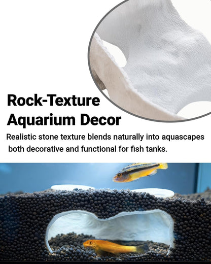 Dual-Entrance Rock-Texture Cave – Fish Tank Shelter & Aquarium Decor with 2 Tunnels, 6×3.4×2.3in (White)