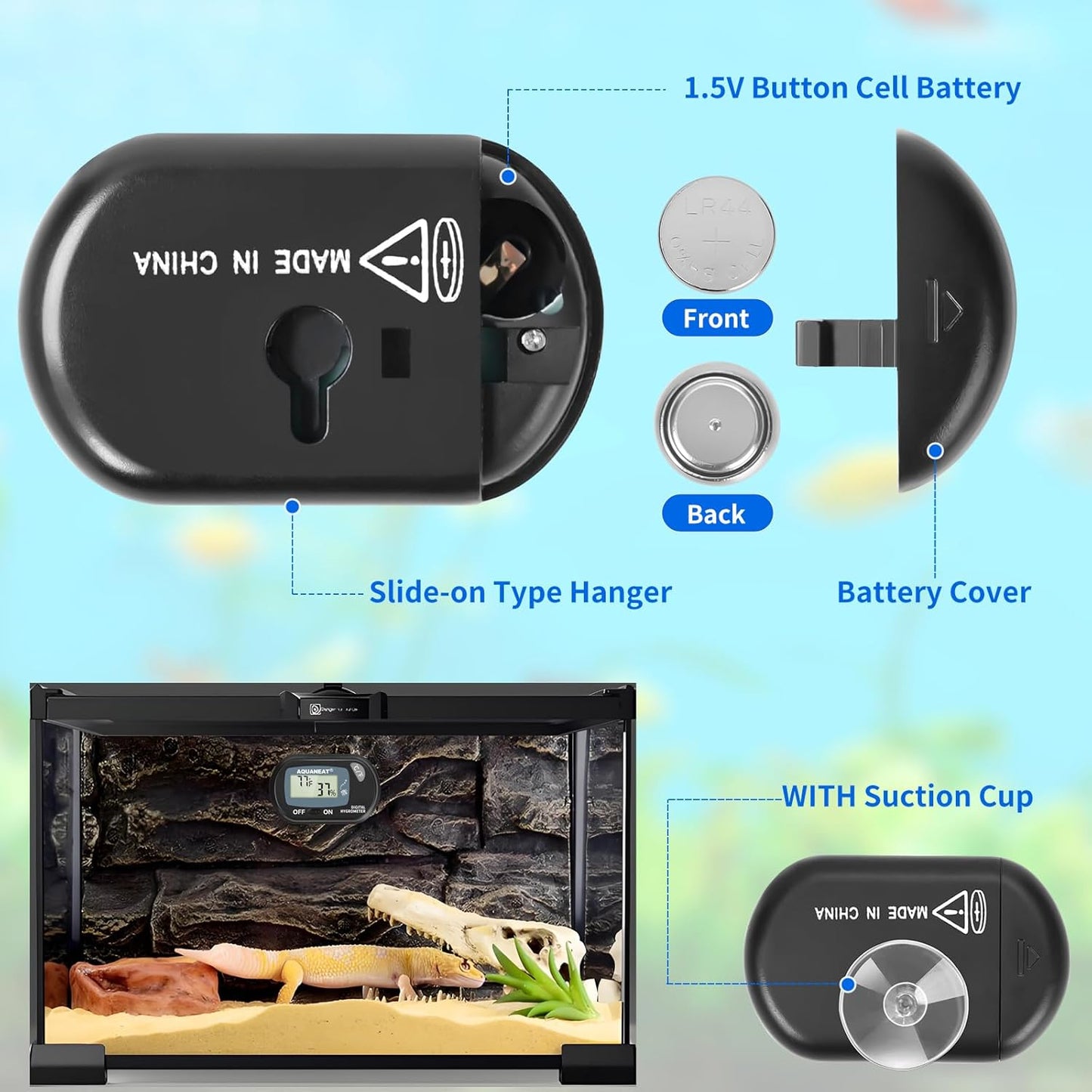 AQUANEAT Reptile Thermometer Hygrometer Digital Display Temperature and Humidity Moniter for Reptiles Rearing Box with Suction Cup