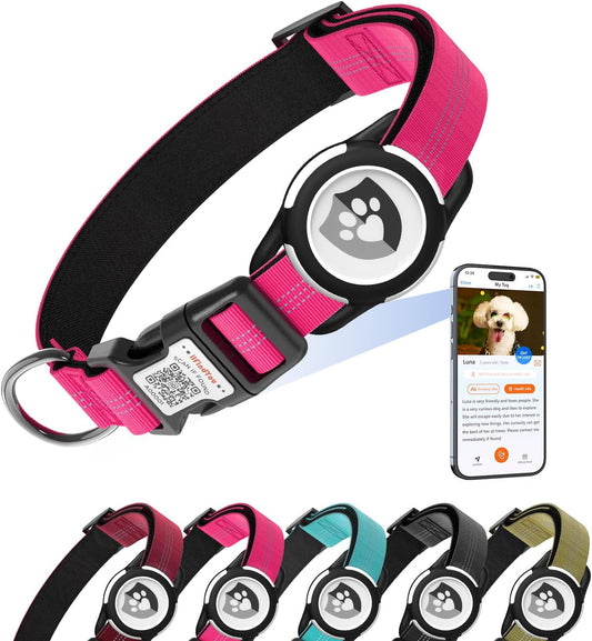 Reflective Dog Collar with AirTag Holder for Puppy Soft Nylon Rose Red Sized XS