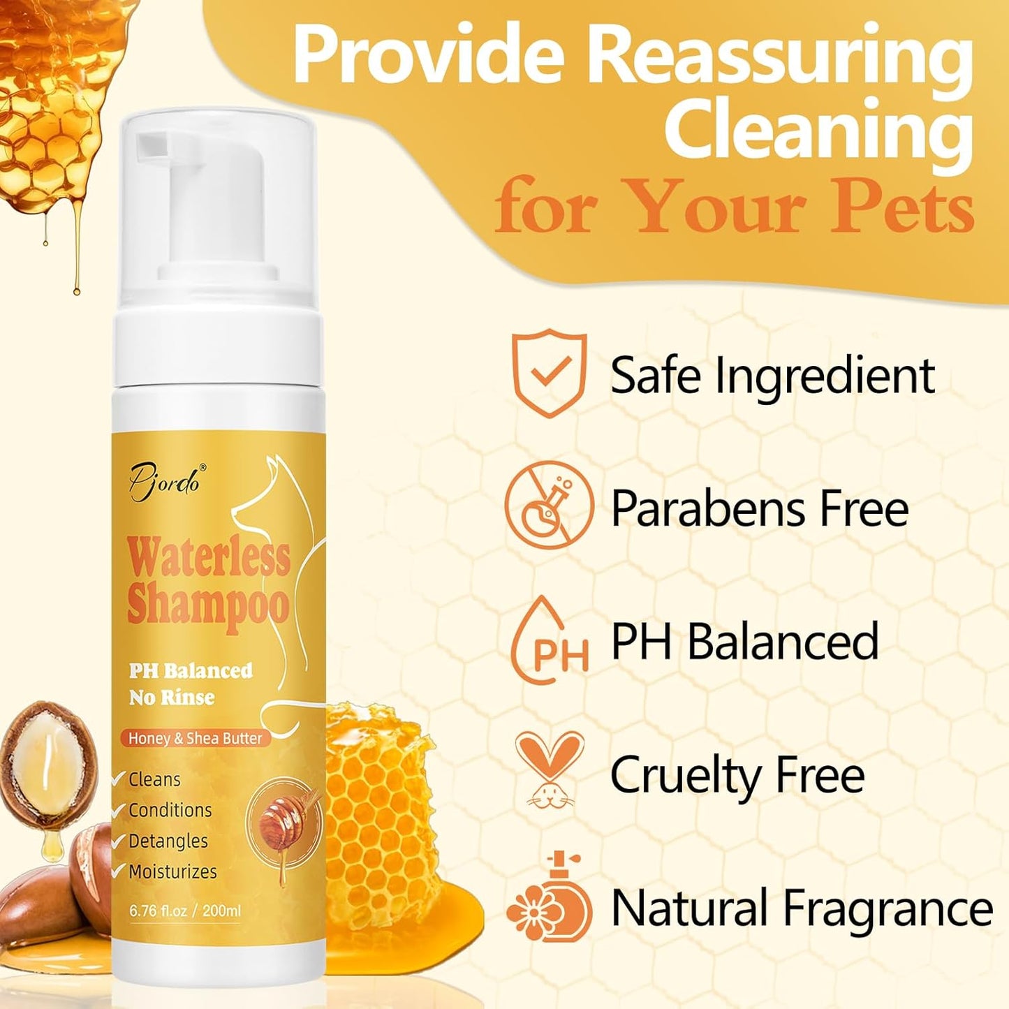 Waterless Shampoo for Cat & Dog with Honey & Shea Butter, No Rinse Dry Pet Shampoo Waterless for All Fur, Cleaning & Removes Odors, Conditioning & Anti-Tangle, Moisturizing Skin