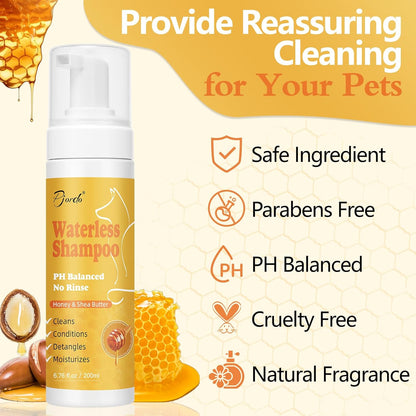 Waterless Shampoo for Cat & Dog with Honey & Shea Butter, No Rinse Dry Pet Shampoo Waterless for All Fur, Cleaning & Removes Odors, Conditioning & Anti-Tangle, Moisturizing Skin