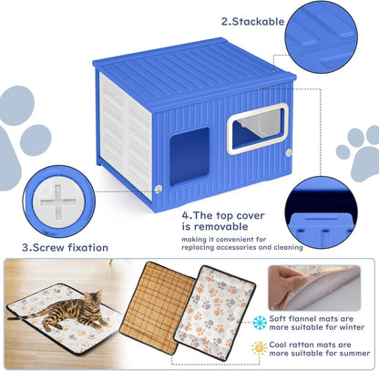 Cat House for Outdoor Indoor Use, Stackable Feral Cat Shelter Indoor Cat House Weatherproof Waterproof Elevated, with 2-Sided Cushion (Blue White)