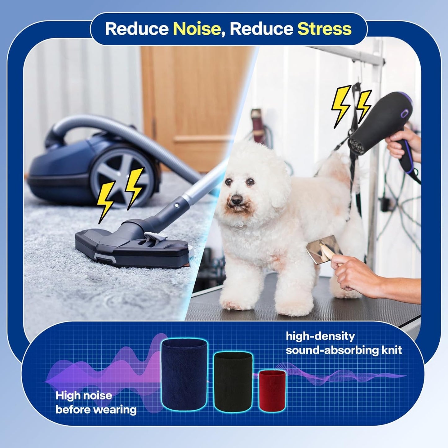 3 Pack Bundle (S, M, L) Dog & Cat Calming Band Cat Anxiety Relief Cover,Double Layer Thickened Elastic Neck Band Ear Muffs for Anxiety Relief/Noise Protection,Grooming,Thunder,Fireworks