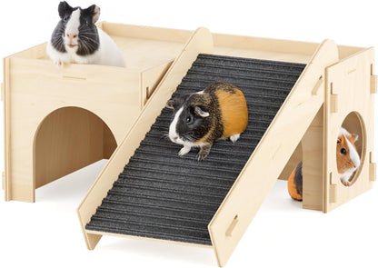Guinea Pig Hideout House, Basic Large Wooden Hamster Hideout with Climbing Ladder & Rest Zone, Bunny Castle Tower Toy for Guinea Pig Chinchilla Gerbil Hedgehog Small Animal House Habitat Hut