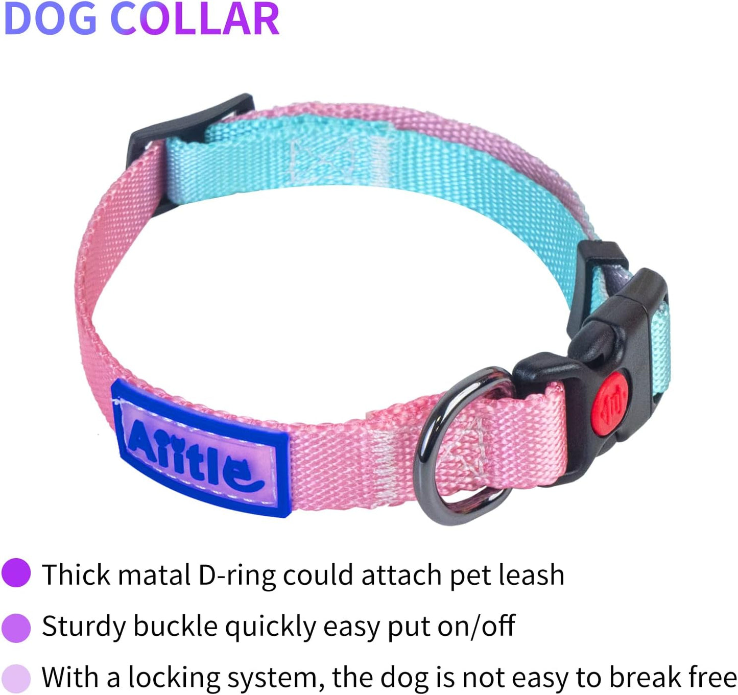 AIITLE No Pull Dog Harness & Leash & Collar - Adjustable Basic Collar with A Heavy Duty Leash - Super Sturdy Buckle and D Ring - Training Running for Large Dogs, Pink Gradient L